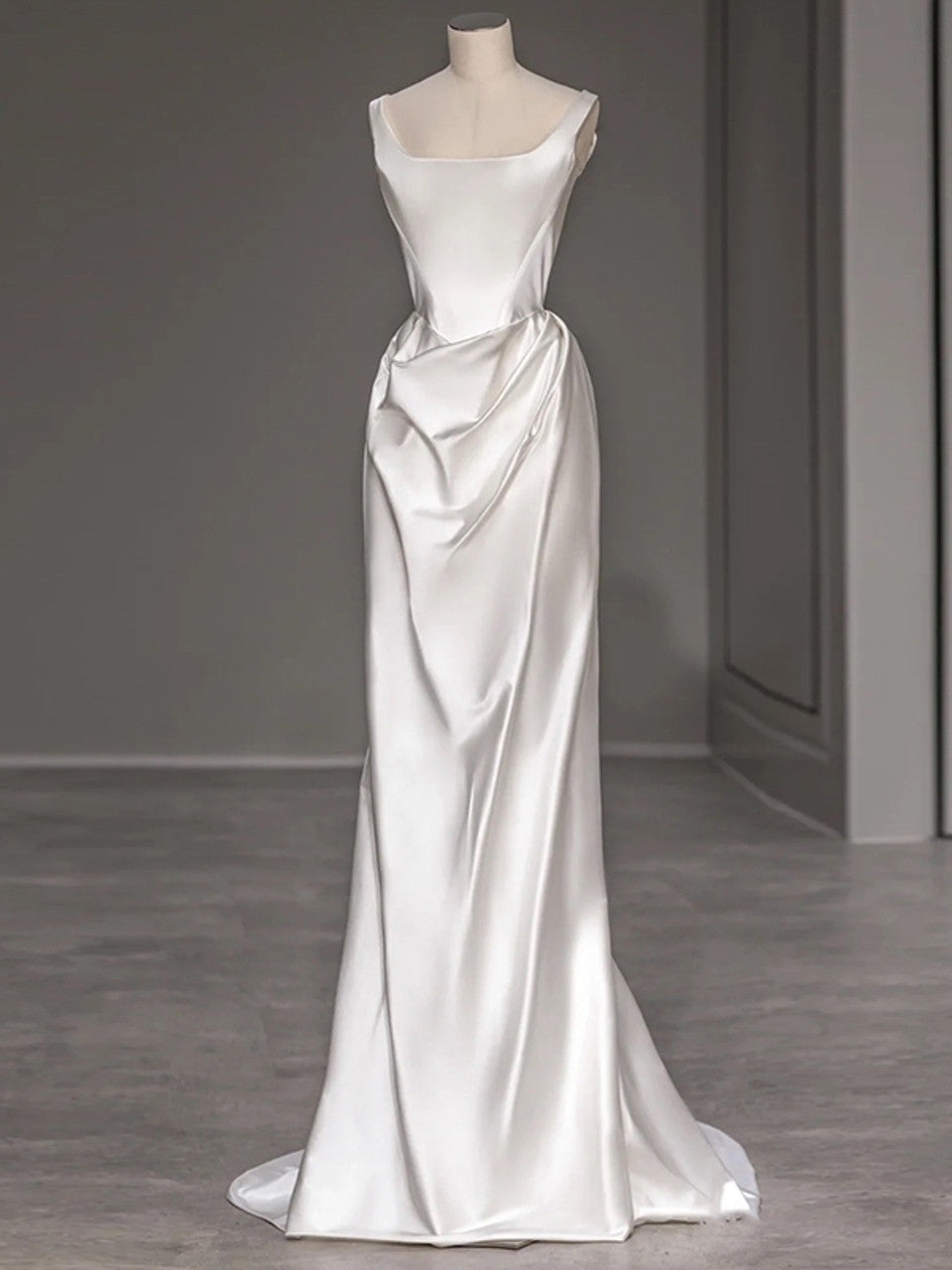 Elegant Square Neck Satin Sheath Wedding Dress Draped Bridal Gown DP7048