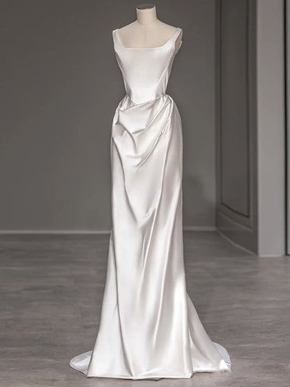 Elegant Square Neck Satin Sheath Wedding Dress Draped Bridal Gown DP7048