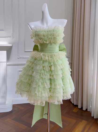 Vintage Strapless Light Green Lace Tiered Big Bow A-Line Homecoming Dress DP8823