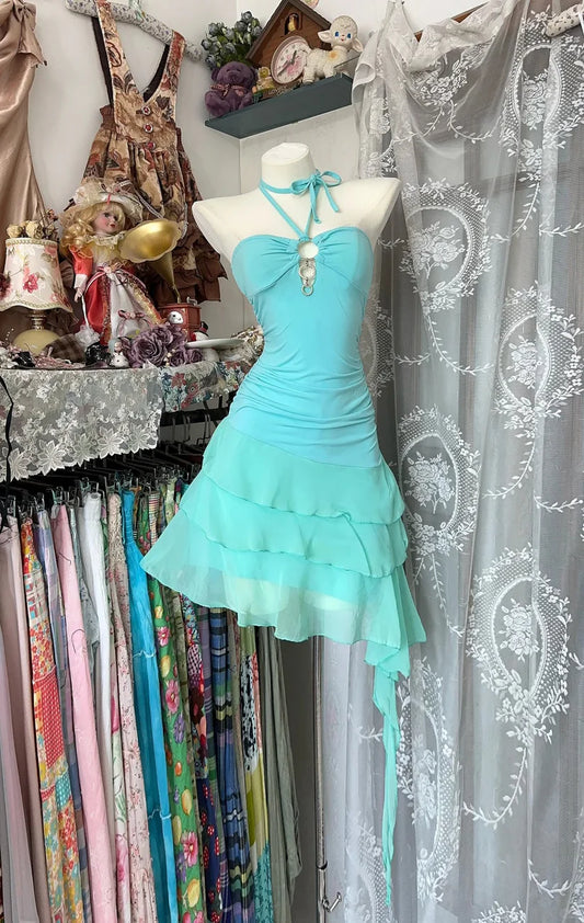 Retro Blau Sweetheart Rüschen Design A-Linie Chiffon Partykleid Homecoming Kleid DP6089