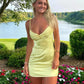 Yellow Spaghetti Straps Sheath Satin Mini Homecoming Dress, DP3325