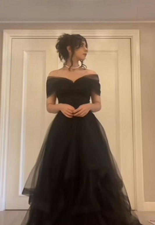 Black Off Shoulder A-Line Tulle Party Dress Formal Prom Dress, DP2840