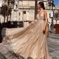 Shiny Glitter Deep V-Neck Tulle Prom Dress A-Line Spaghetti Straps Evening Dress DP8145