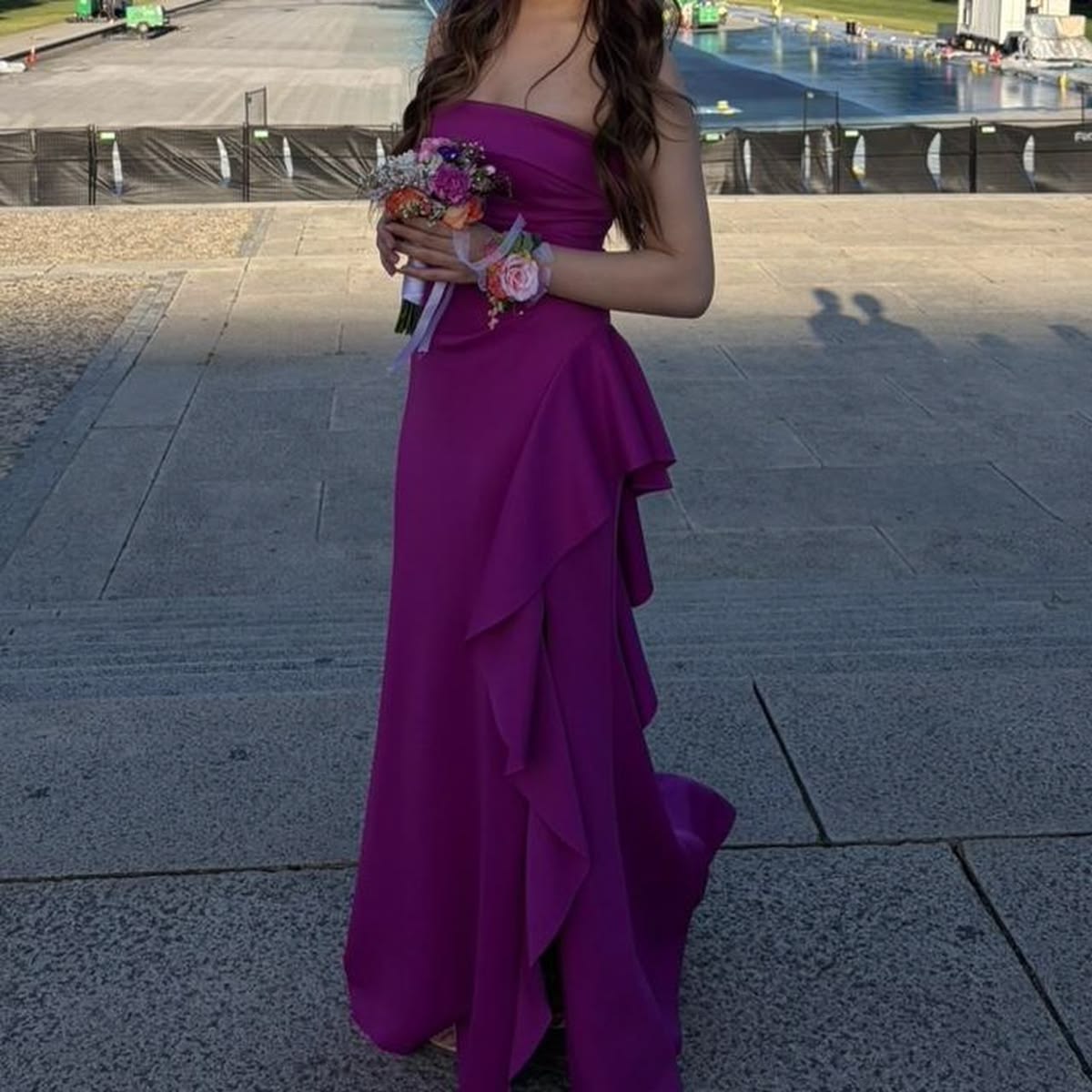Elegant Magenta Strapless Sheath Ruffle Prom Dress DP8482