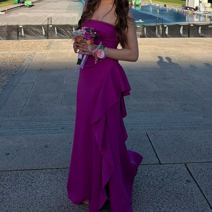 Elegant Magenta Strapless Sheath Ruffle Prom Dress DP8482