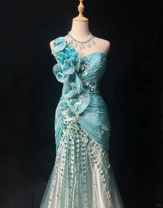 Glamorous Turquoise Strapless Mermaid Evening Gown with 3D Floral Applique Sequin Lace Train Prom Dress DP7288