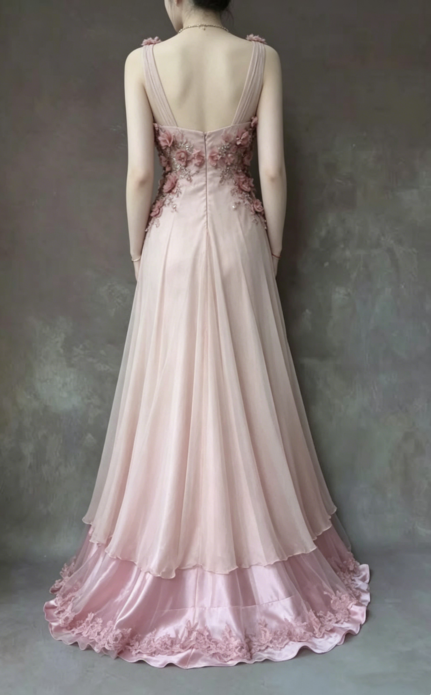 Vintage Pink Chiffon Evening Gown Floral Layered Hem Prom Dress DP8285