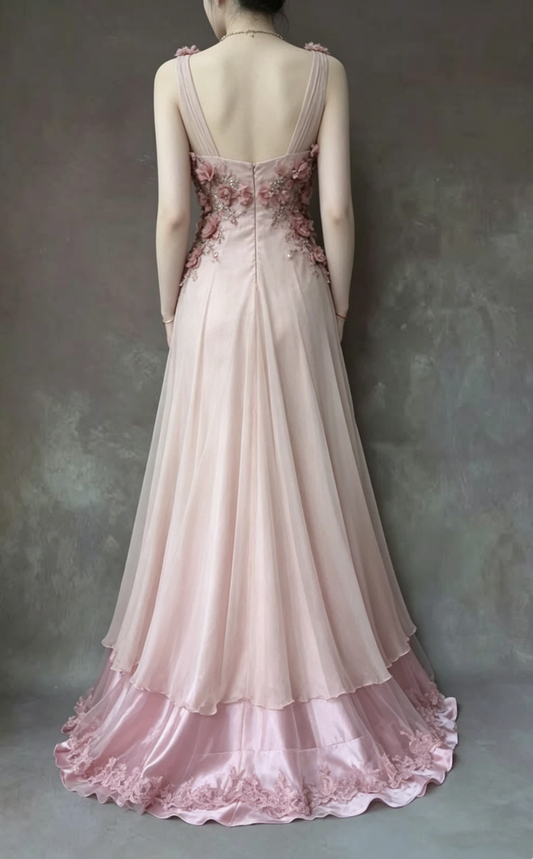 Vintage Pink Chiffon Evening Gown Floral Layered Hem Prom Dress DP8285