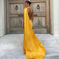 Yellow Halter Backless Mermaid Satin Long Formal Dress Evening Gown, DP3583