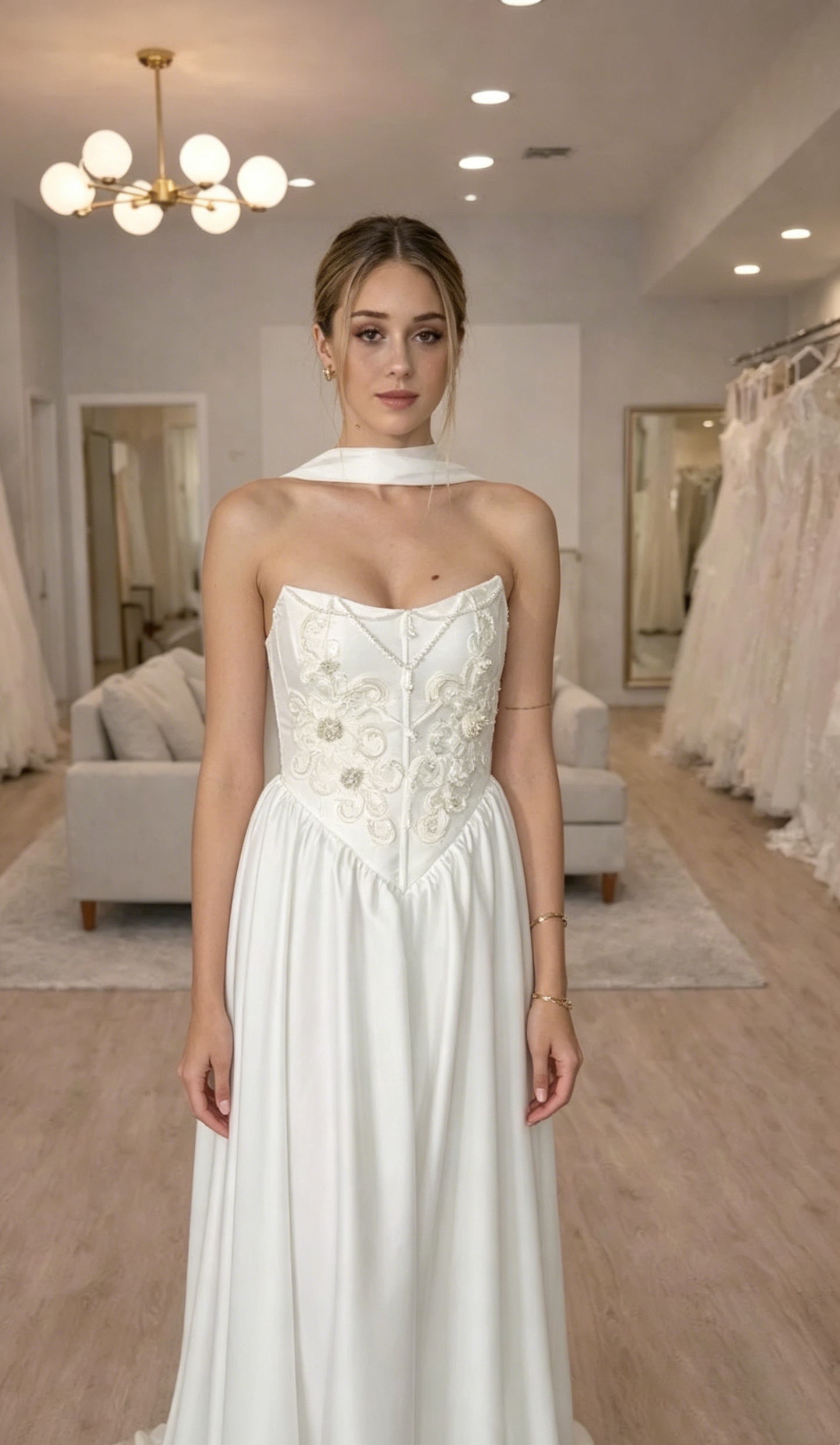 Elegant Embroidered Satin A-Line Strapless Wedding Dress DP8394