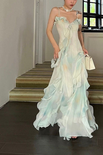 Vintage Mint Green Ombre Chiffon Maxi Prom Dress Ruffled Sweetheart Evening Gown DP8279