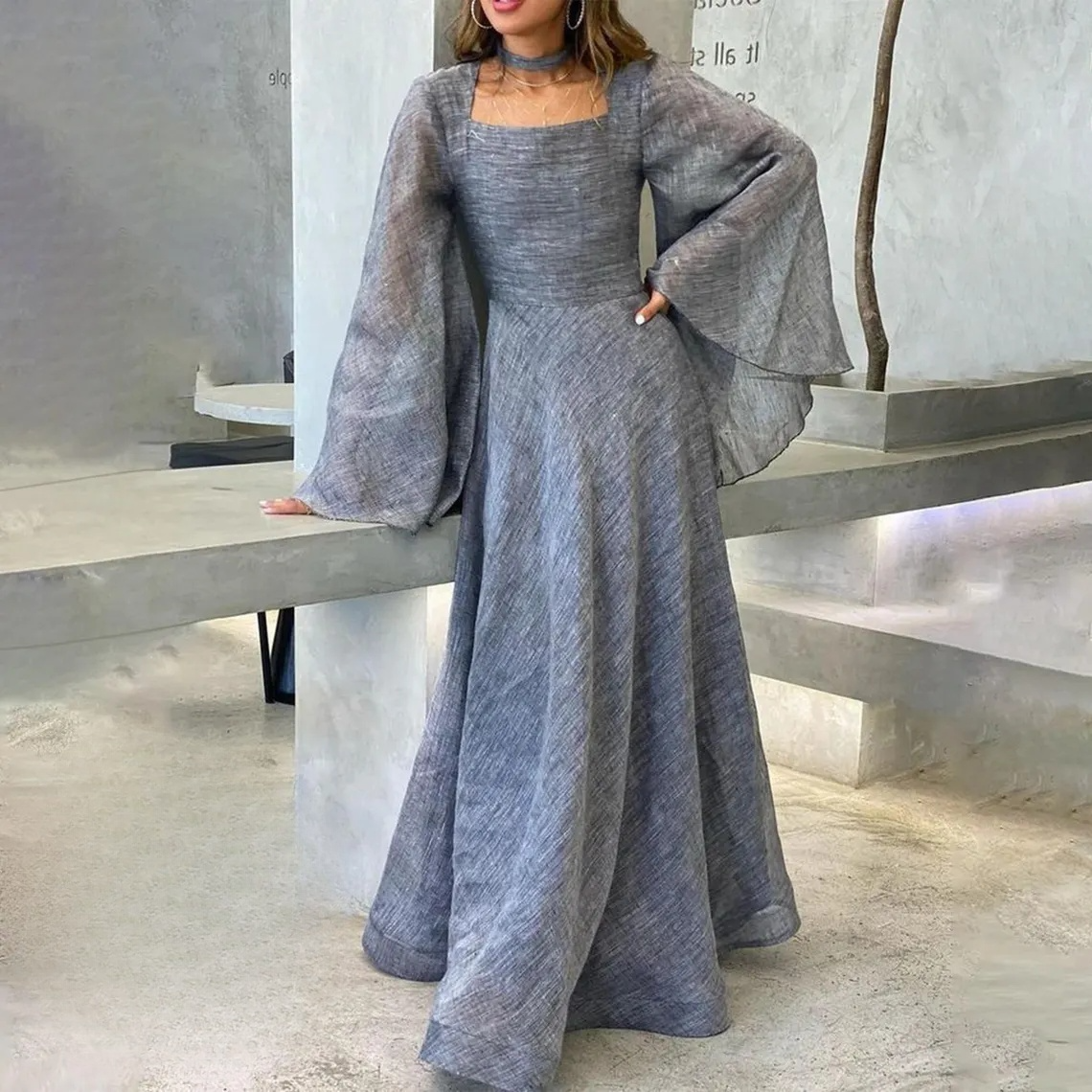 Light Blue Long Sleeves A-Line Long Formal Party Dress Modest Evening Dress, DP4981