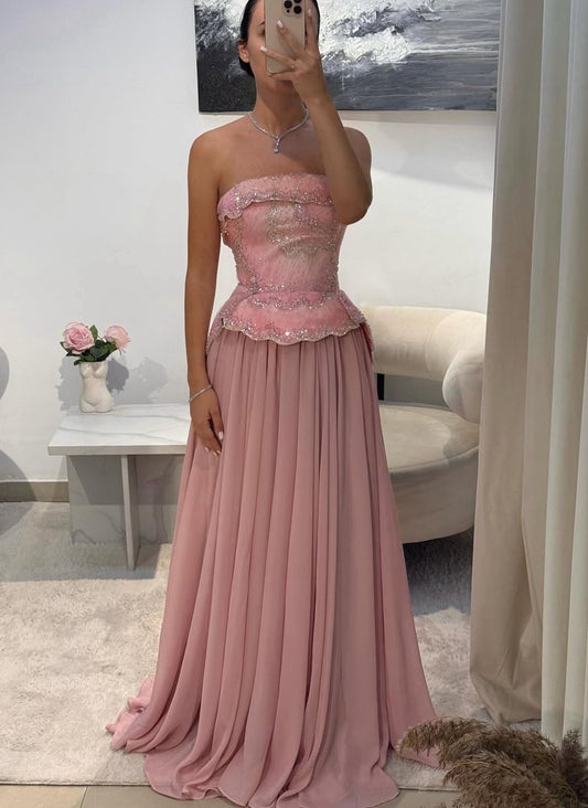 Vintage Pink Beaded Two-piece Prom Dress A-Line Evening Gown Strapless Party Dress Long Formal Dress DP6884