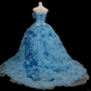 Vintage Sky Blue Strapless 3D Rose Ruffled Tulle Sweet 16 Quinceanera Ball Gown DP7550