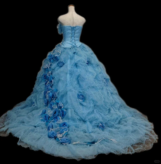 Vintage Sky Blue Strapless 3D Rose Ruffled Tulle Sweet 16 Quinceanera Ball Gown DP7550