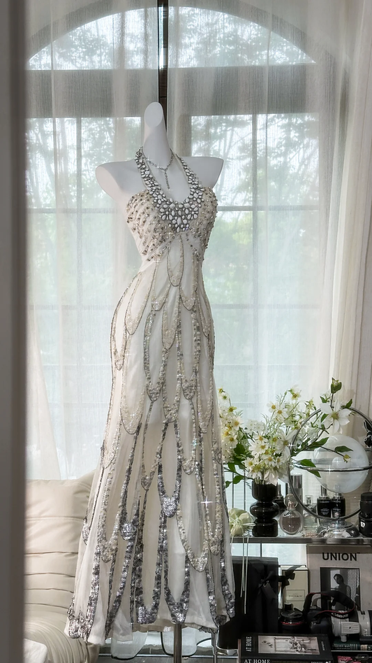 Vintage White Beaded Sparkling Long Chiffon Spaghetti Strap Romantic Ball Gown Evening Dress Prom Dresses own Evening Dress Prom Dresses DP6005