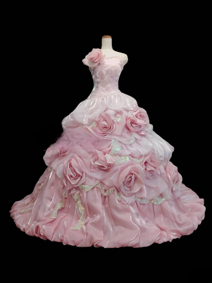 Enchanting Pink Strapless 3D Rose Applique Iridescent Fairycore Sweet 16 Quinceanera Ball Gown DP7280