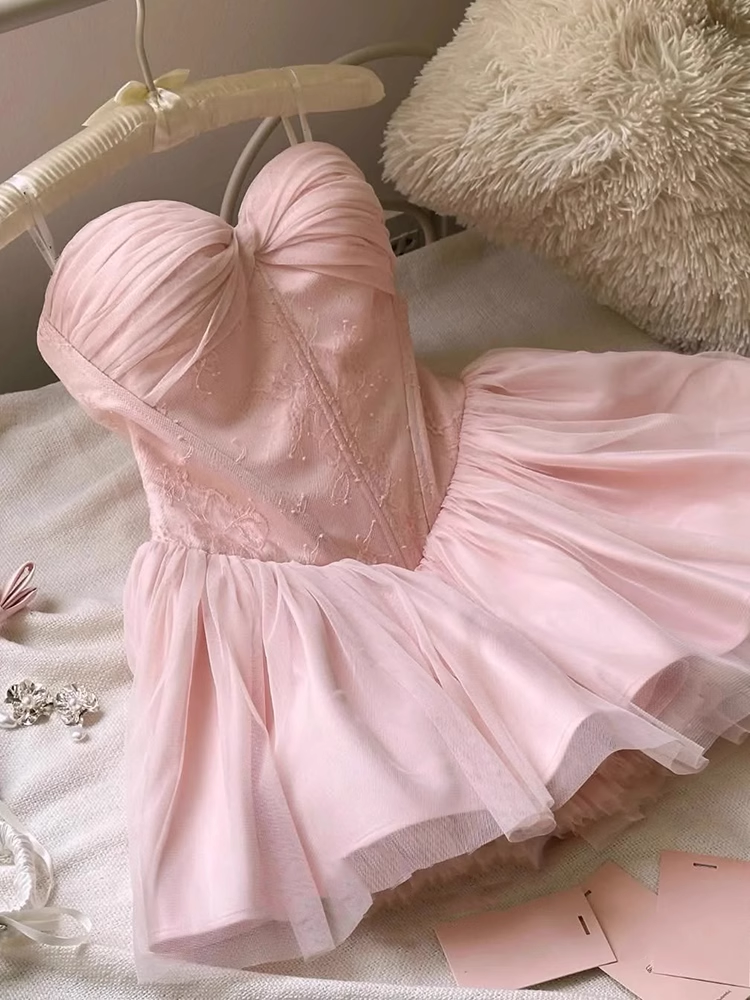 Simple Fashion Pink Sweetheart Strapless Design A-line Ruffled Hem Party Dress Homecoming Dress, DP5836