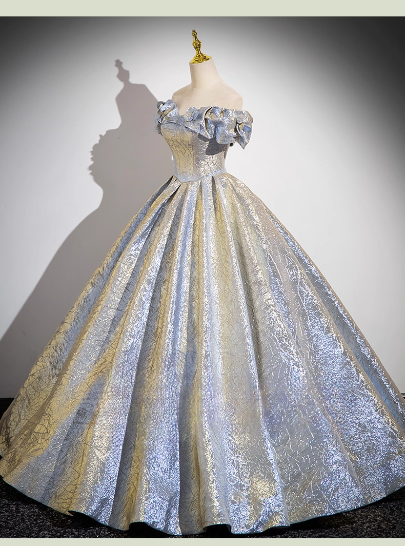 Elegant Glittering Satin Sweet 16 Quinceanera A-Line Off-the-shoulder Evening Dress Tulle Floor Length Ball Gown DP6921