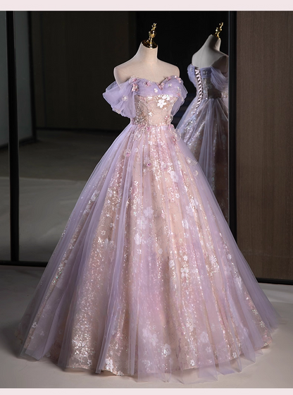 Elegant Lilac Applique Sweet 16 Quinceanera Sweetheart off-the shoulder Evening Dress A-Line Tulle Floor Length Ball Gown DP6919