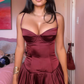 Burgundy Spaghetti Straps A-Line Long Party Dress Birthday Outfits, DP3334