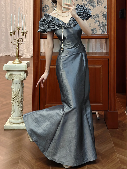 Elegant Grey Ruffled Evening Gown Off-Shoulder Mermaid Prom Dress DP7944
