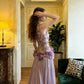 Glamorous Lavender 3D Floral Applique Satin High Neck & Pleated Evening Gown DP8171