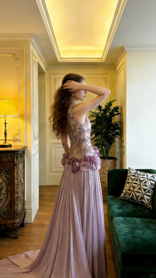 Glamorous Lavender 3D Floral Applique Satin High Neck & Pleated Evening Gown DP8171