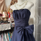 Elegant Navy Blue Bowknot Strapless A-Line Long Prom Dress Evening Dress DP6385