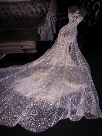 Elegant Sparkling Tulle Sequin Mermaid Beaded Dramatic Train Evening Gown DP7308