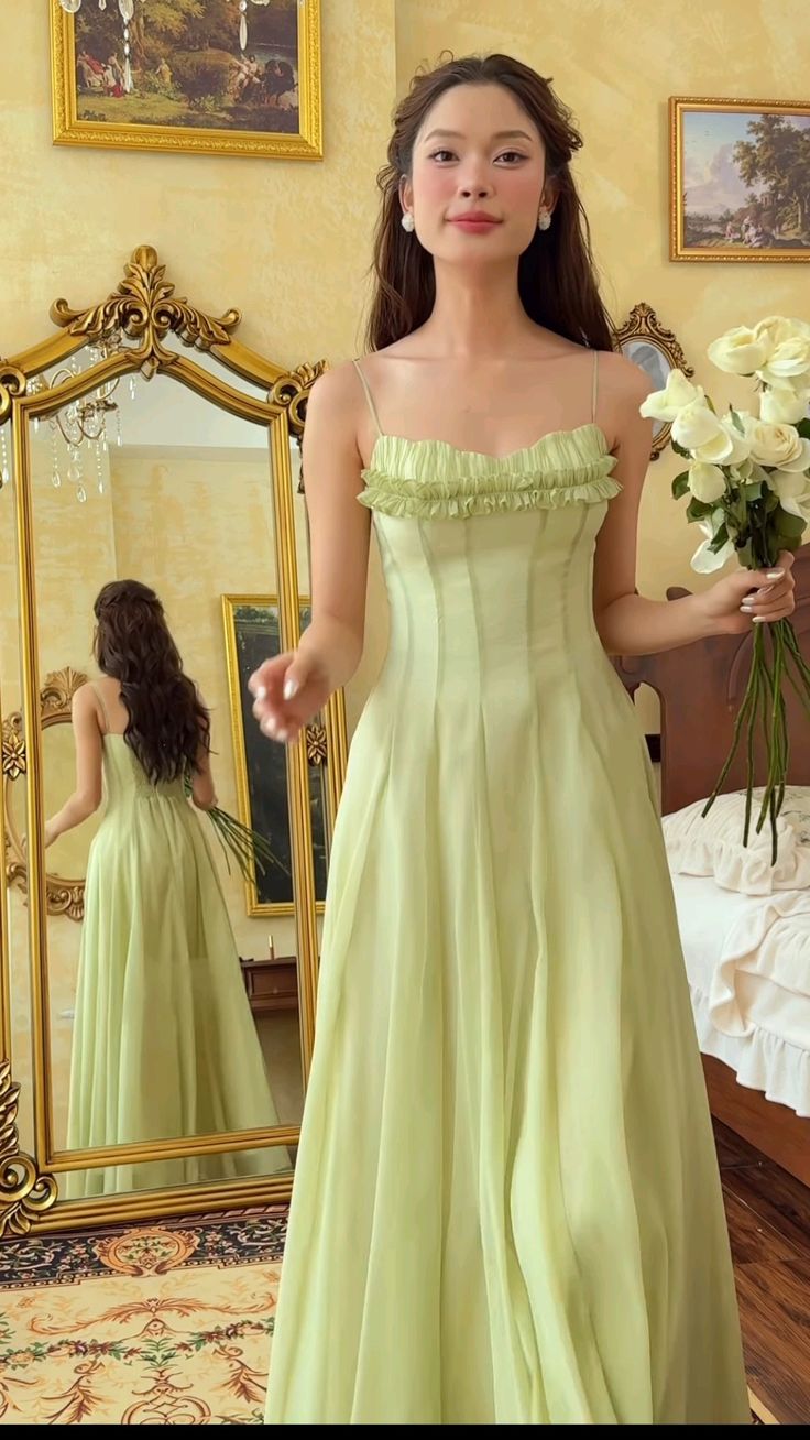 Vintage Sage Green Spaghetti Strap A-Line Evening Gown DP8272