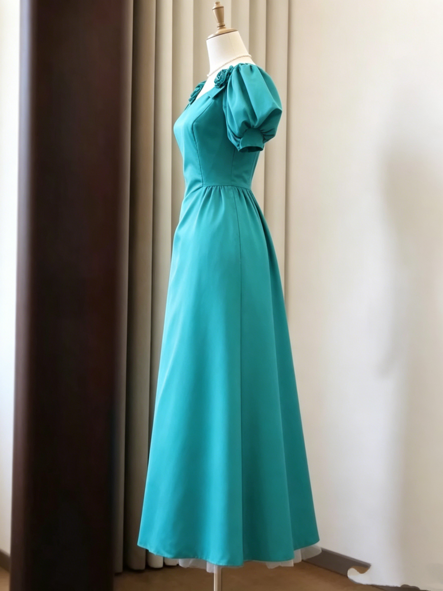 Elegant Turquoise Puff Sleeve Sweetheart A-Line Evening Dress DP8382