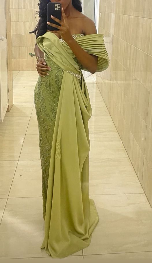 Vintage Light Green Applique Beaded Prom Dress Sheath Evening Gown Off-the-shoulder Party Dress Long Formal Dress DP6891