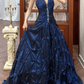 Traumhaftes marineblaues, gerafftes, perlenbesetztes Neckholder-Ballkleid für Sweet 16 Quinceañera DP7952