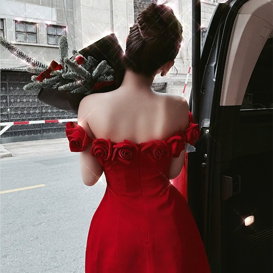 Red Off Shoulder Rose A-Line Homecoming Dress Birthday Outfits, DP3131