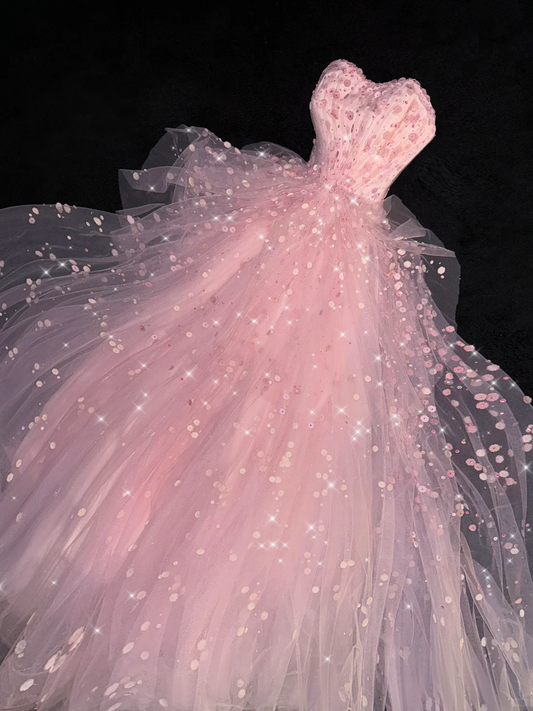 Dreamy Pink Tulle Applique Sequin Sweetheart Strapless Sweet 16 Quinceanera Ball Gown DP7330