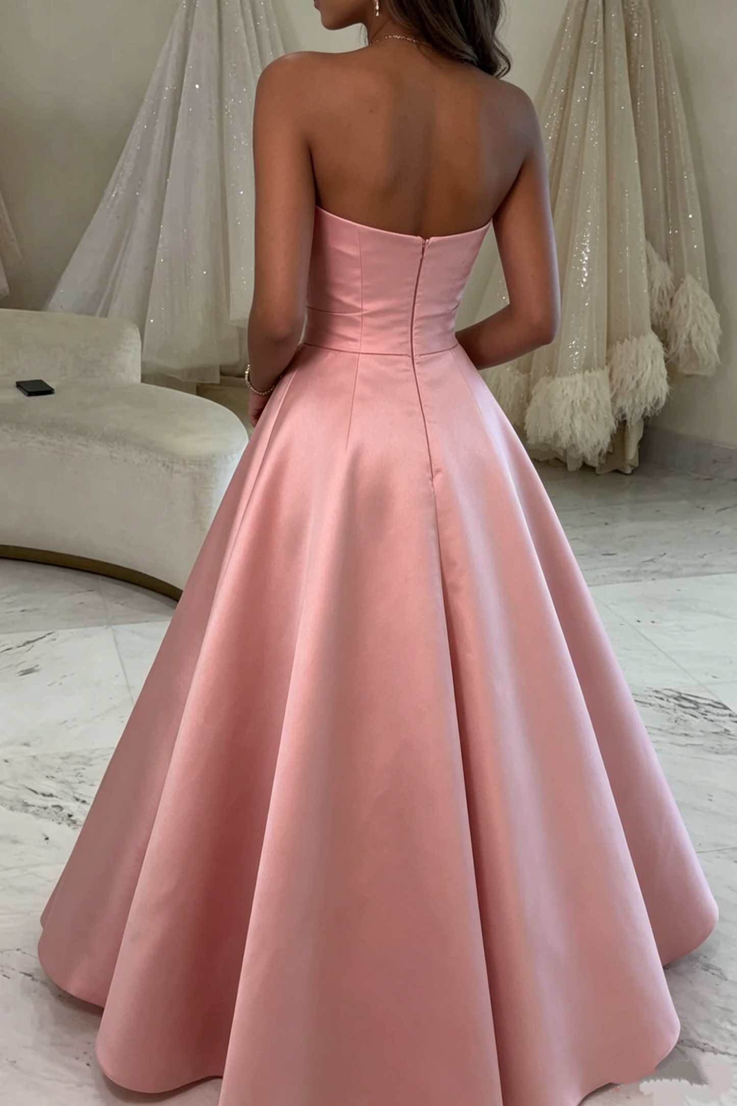 Vintage Pink Strapless Satin Beaded A-Line Ball Gown DP8436