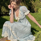 Vintage Blue Floral V-Neck Puff Sleeve Light Evening Gown DP8005