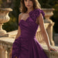 Elegant Purple One-Shoulder Satin Prom Dress 3D Floral Appliques High Slit A-Line Formal Evening Gown DP8213
