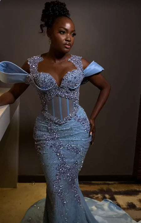 Wunderschönes himmelblaues Ballkleid mit Perlen, lang, herzförmiger Ausschnitt, Meerjungfrau-Abendkleid, formelles Kleid, DP6585