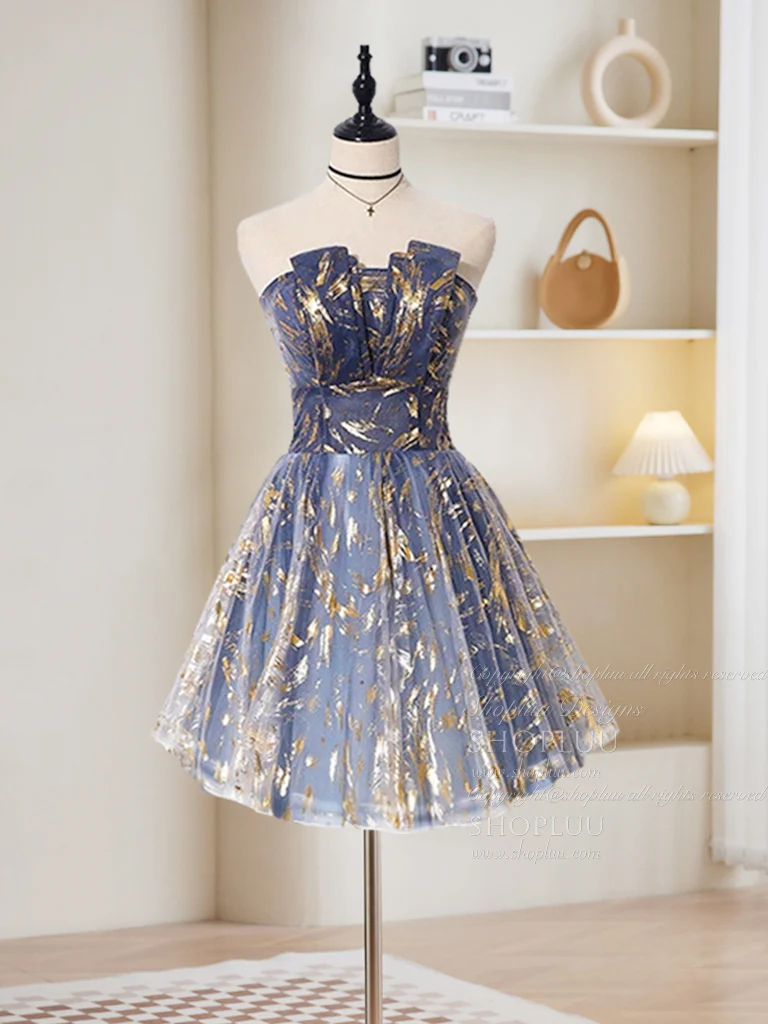 Retro Blue Sequin Strapless Design A-line Tulle Party Dress Homecoming Dress DP6062
