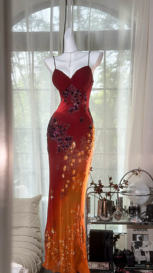 Vintage Beaded Sparkling Long Chiffon Spaghetti Strap Luxury Ball Gown Evening Dress Prom Dresses DP6004