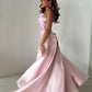Vintage Blush Strapless Satin Evening Gown Floral Embroidery Train Formal Prom Dress DP7576