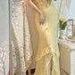 Elegant Pale Yellow Chiffon Beaded Halter-Neck Mermaid Prom Dress DP8181