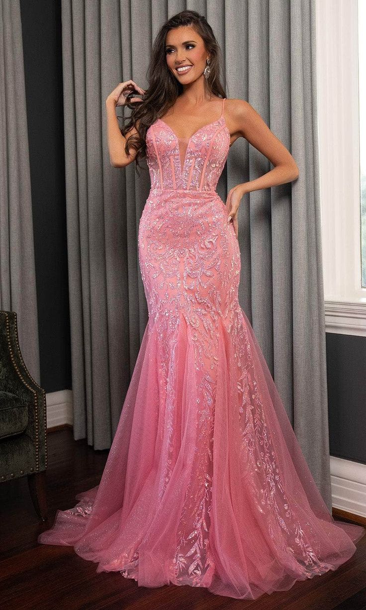 Glamorous Lace Sequined Prom Dress Spaghetti Straps Tulle Evening Gown DP8023