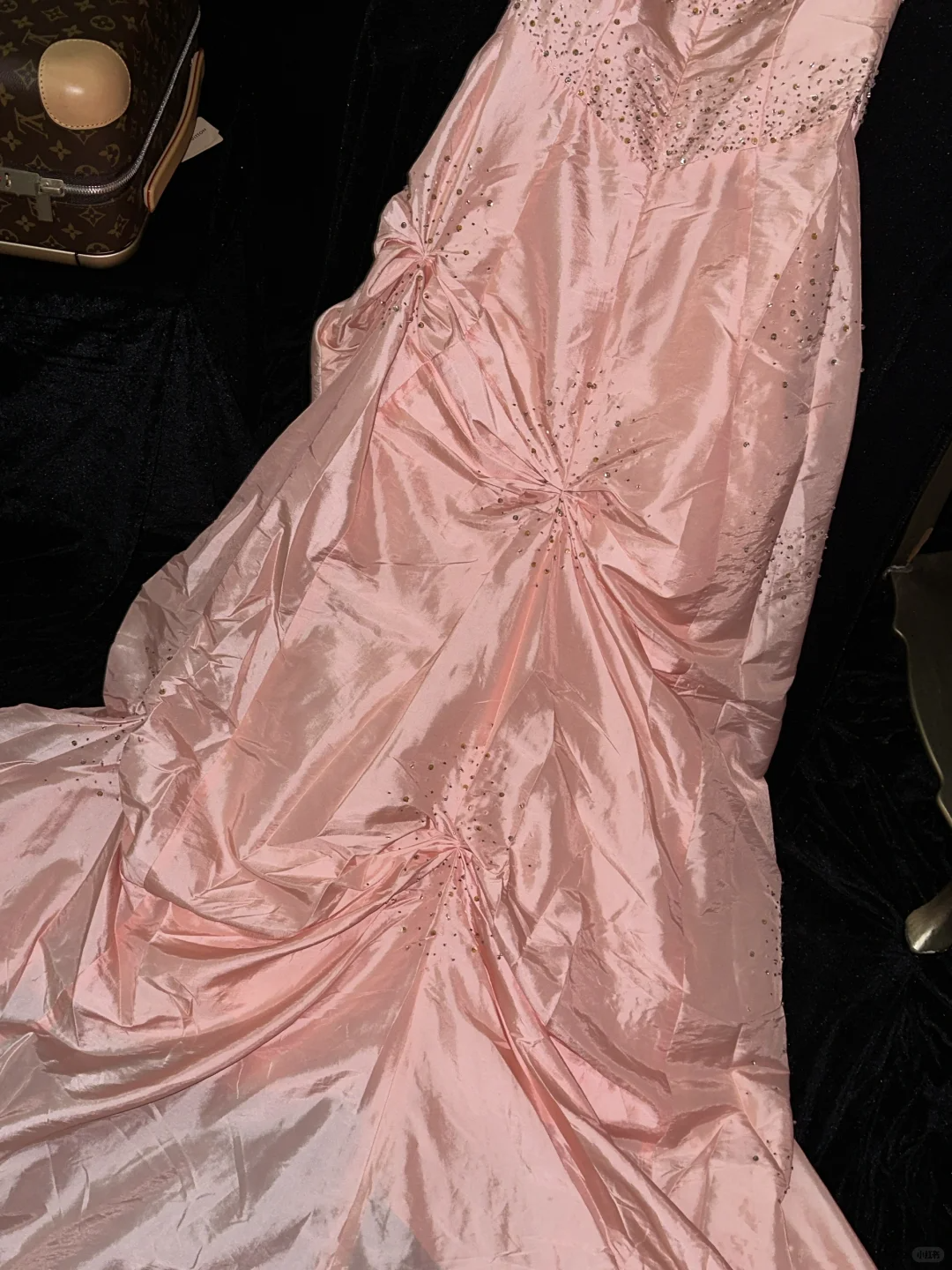 Romantic Blush Satin Sweetheart Ruffled Strapless Beaded Evening Gown DP7297