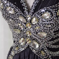 Glamorous Black Sleeveless Evening Gown Beaded Bodice A-Line Satin Prom Dress DP7607