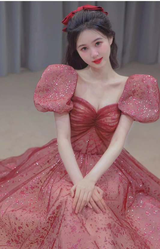 Gorgeous Glitter Tulle Puff Sleeves Sweetheart Sweet 16 Quinceanera Ball Gown DP7480