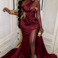 Elegant One-Shoulder Brown Satin Mermaid Prom Dress High Slit Beading Evening Gown EQ9647