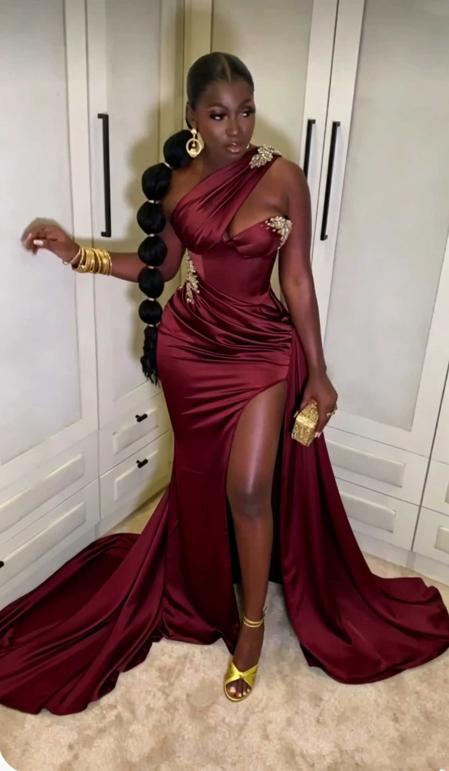 Elegant One-Shoulder Brown Satin Mermaid Prom Dress High Slit Beading –  DSProm